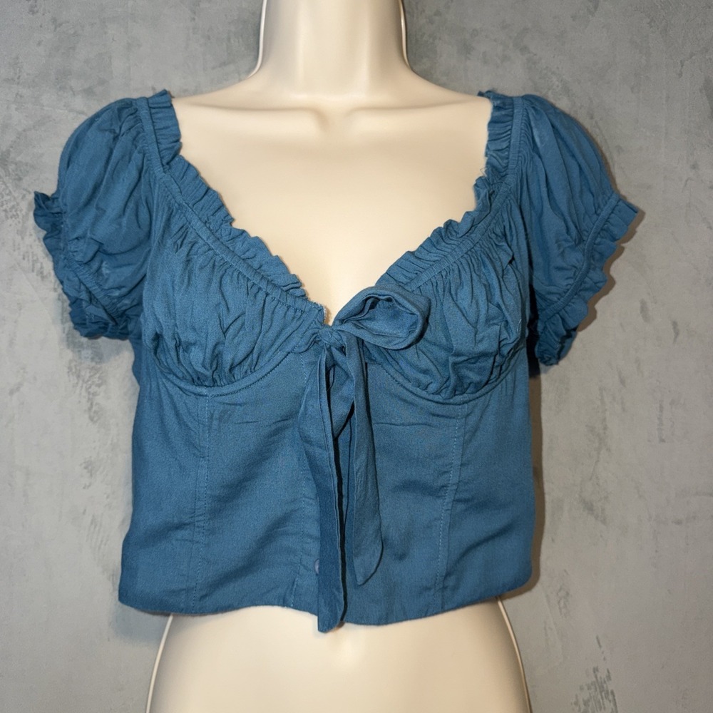 Kendall & Kylie Teal Puff Sleeve Crop Top Women's Medium NWT Rayon Tie Front